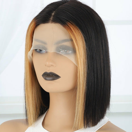13*4*1 Lace Front Highlight Short Straight Human Hair Wig, Fading To