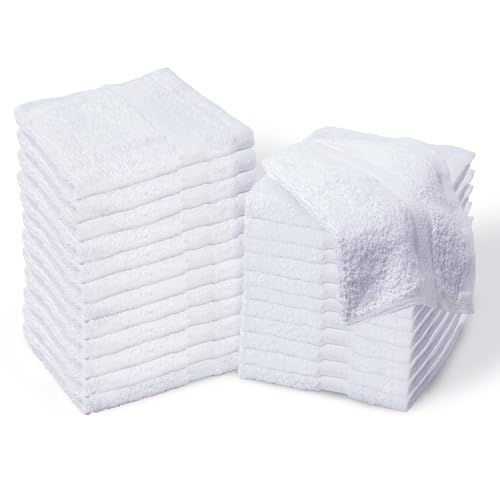 Bulk Spa White Washcloths – Set of 24 – Size 12” x 12” – Thick Loop Pile Washcloth – Absorbent and Soft 100% Ring-Spun Cotton Wash Cloth – Lint Free Face Towel – Wash Cloths Perfect for Bathroom