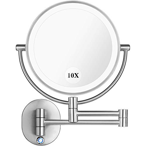 Pansonite LED Wall Mount Makeup Mirror with 10x Magnification, 8.5'' Double Sided 360° Swivel Vanity Mirror with 13.7" Extension and Adjustable Light for Bathroom & Bedroom, Brushed Finished