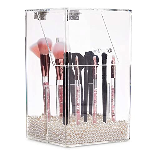 Acrylic Clear Makeup Brush Holder with Lid and Pearls, Cosmetic Storage Organizer (6 x 5.7 x 9.25 In)