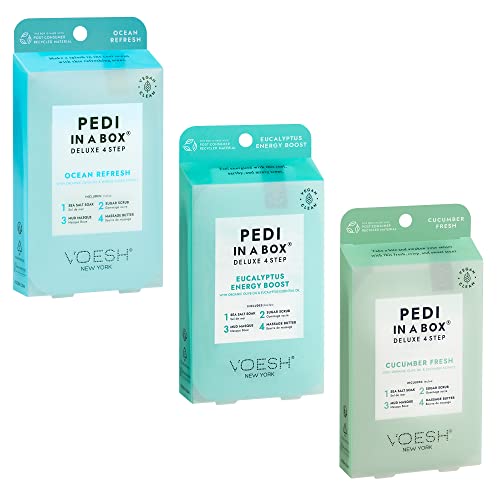 VOESH Pedi in a Box 4 Step Fresh Trio - 3 Pack of Ocean Refresh, Eucalyptus Energy Boost, & Cucumber Fresh Pedicure Set, DIY Pedi, Foot Spa