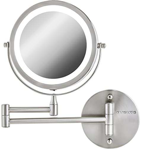 OVENTE 6.8" Lighted Wall Mount Makeup Mirror, 1X & 10X Magnifier, Adjustable Double Sided Round LED, Extend, Retractable & Folding Arm, Compact & Cordless, Battery Powered Nickel Brushed MFW70BR1X10X