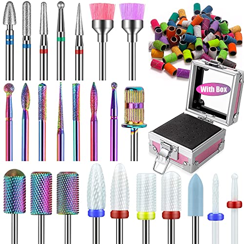 25Pcs Nail Drill Bits Set with Pink Holder and 50Pcs 8 Colors Sanding Bands, Tungsten Carbide Ceramic Diamond 3/32 inch Nail Drill Bits Remove Acrylic Poly Nail Gel Nail Polish