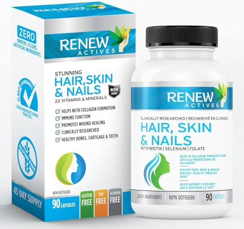 Renew Actives Hair Skin Lash Nail Supplement | 22 Potent Vitamins for Radiant Skin, Strong Nails, Longer Hair Growth | Formula for Enhanced Beauty - 90 Capsules