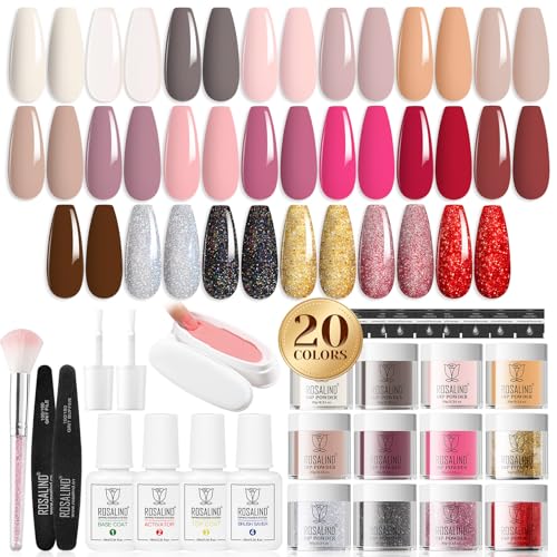 ROSALIND 29PCS Dip Nails Powder Starter Kit, 20 Colors Dip Powder Nail Kit Clear Nude Pink Brown Glitter Series Nail Dip Powder Set with Base & Top Coat, Brush Restorer and Activator All-in-One Kit