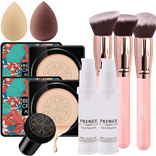 Air Cushion CC Cream Mushroom Head Foundation, 2 PCS Amazfly Moisturizing BB Cream Makeup Long Lasting Matte Concealer Bright Makeup Base Long Lasting with Mushroom Makeup Sponge and Powder Brush (Natural)