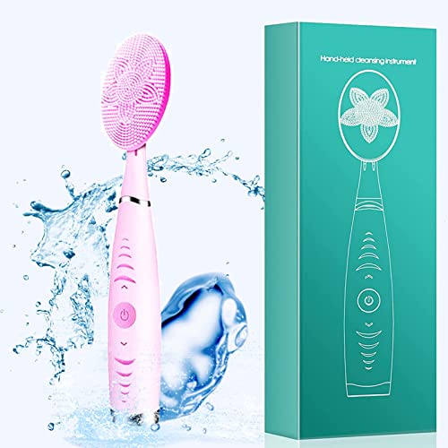 Sonic Facial Cleansing Brush, Lyrzzey Portable Handled Face Cleansing Brush with 5 Adjustable Speeds Vibrating Rechargeable Face Cleansing Brush for Deep Cleaning Gentle Exfoliating Massaging(Pink)