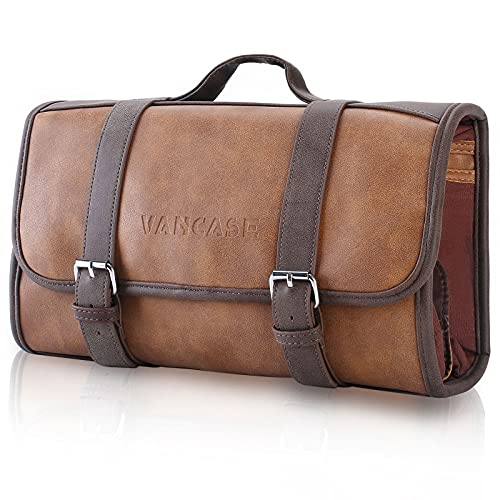 VACNASE Hanging Toiletry Bag for Men Leather Bathroom and Shower Organizer Travel Makeup Accessories kit Great Gift