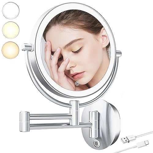 TUSHENGTU Wall Mounted Makeup Mirror with Light, Bathroom Shaving Mirror with 10X Magnifying Chrome, LED Rechargeable (820B-C10X).