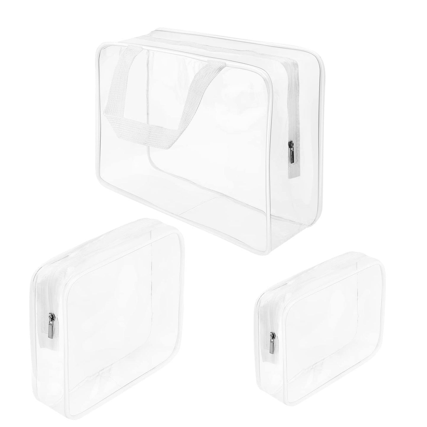 3Pcs Crystal Clear PVC Travel Toiletry Bag Kit for Women Men, Waterproof Vinyl Organizer Clear Makeup Bags with Zipper Handle Straps, Cosmetic Bag Pouch Carry on Airport Airline Compliant Bag Handbag