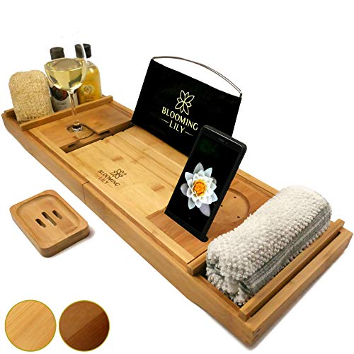 Blooming Lily Sturdily Designed Bath Tray with Wine Glass Holder, Ipad Stand and More Suitable for Most Baths (Natural)