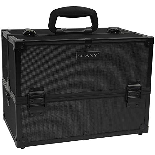 SHANY Essential Pro Makeup Train Case Cosmetic Box Portable Makeup Case Cosmetics Beauty Organizer Jewelry storage with Locks, Multi Compartments Makeup Box and Shoulder Strap - All Black
