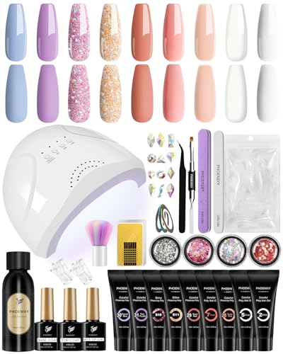 Phoenixy Poly Nail Gel Kit, 9 Colors Poly Extension Gel Nail Kit with 48W LED U V Nail Lamp Slip Solution Manicure Tools Orange Pink Blue Purple White Nail Extension Kit Starter Kit Gifts for Women