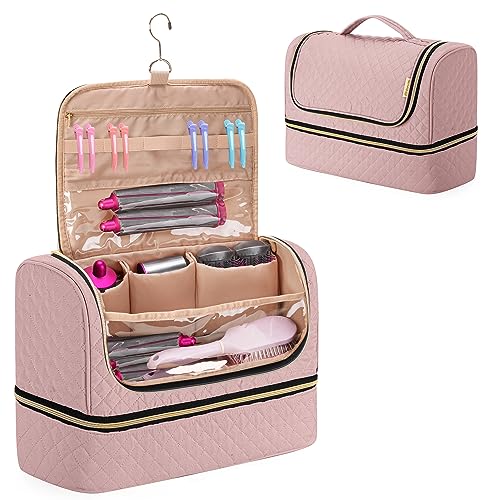 Yarwo Double-layer Storage Bag Compatible with Dyson Airwrap Multi-styler Complete Long and Attachments, Portable Travel Case with Hanging Hook for Hair Curler Accessories, Dusty Rose (Bag Only)
