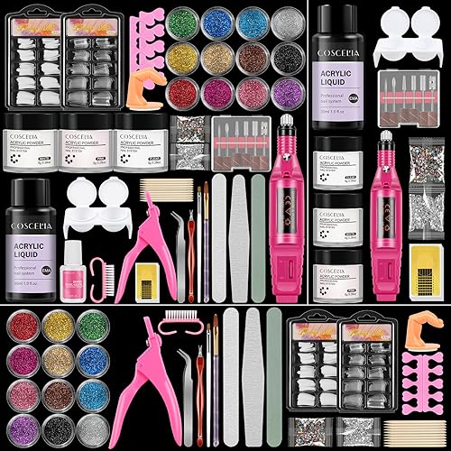 Acrylic Nail Kit with Drill for Beginners with Everything Professional Pink White Clear Glitter Acrylic Powder and Monomer Liquid Set with Acrylic Nail Brush Nail Tips for Nails Extension DIY at Home