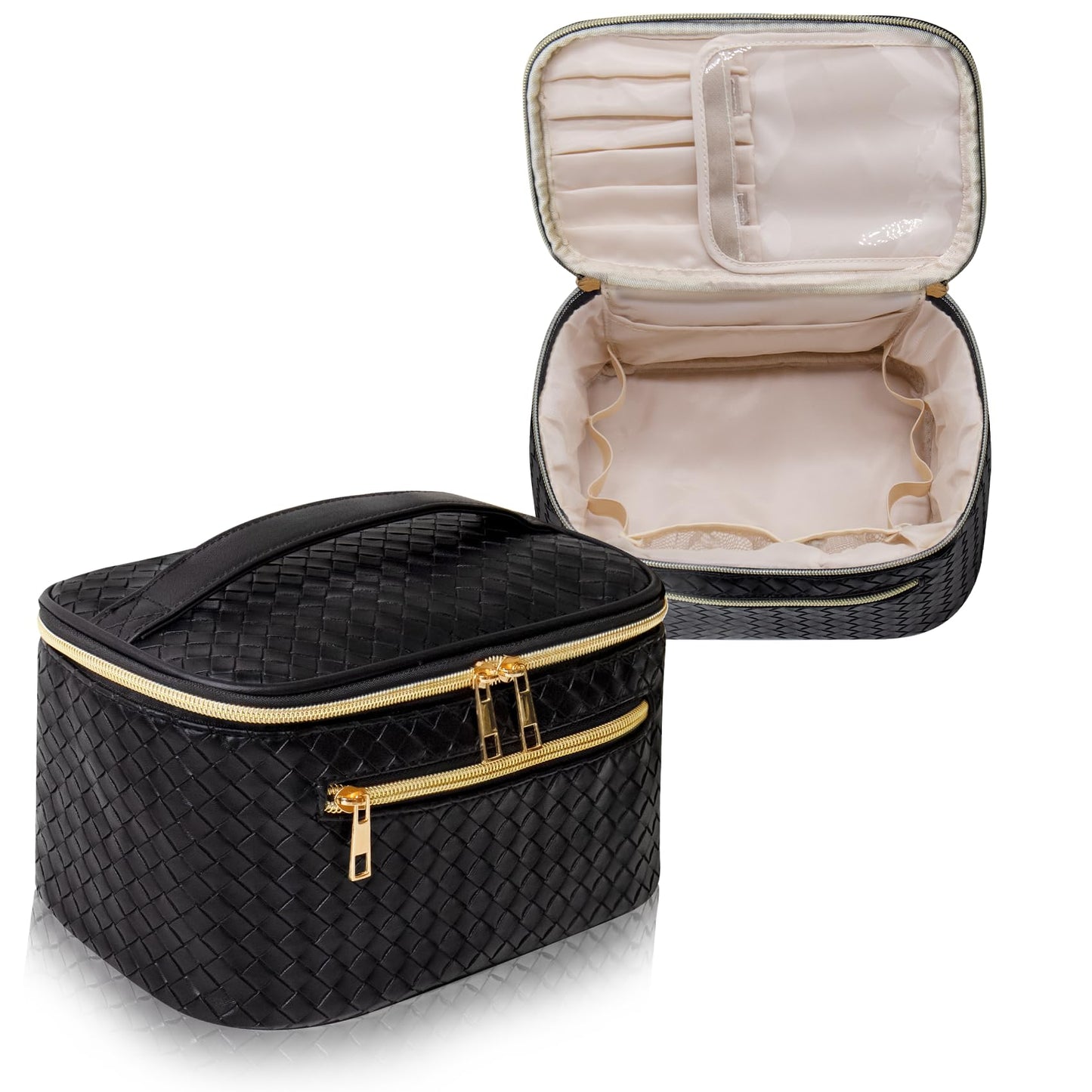 QFDS Makeup Bag,Portable Cosmetic Bag Toiletry Bag Travel Bag,Large Makeup Organizer Case for Brushes Set,Skincares,Toiletries,Travel-Size Accessories (Woven-Black)