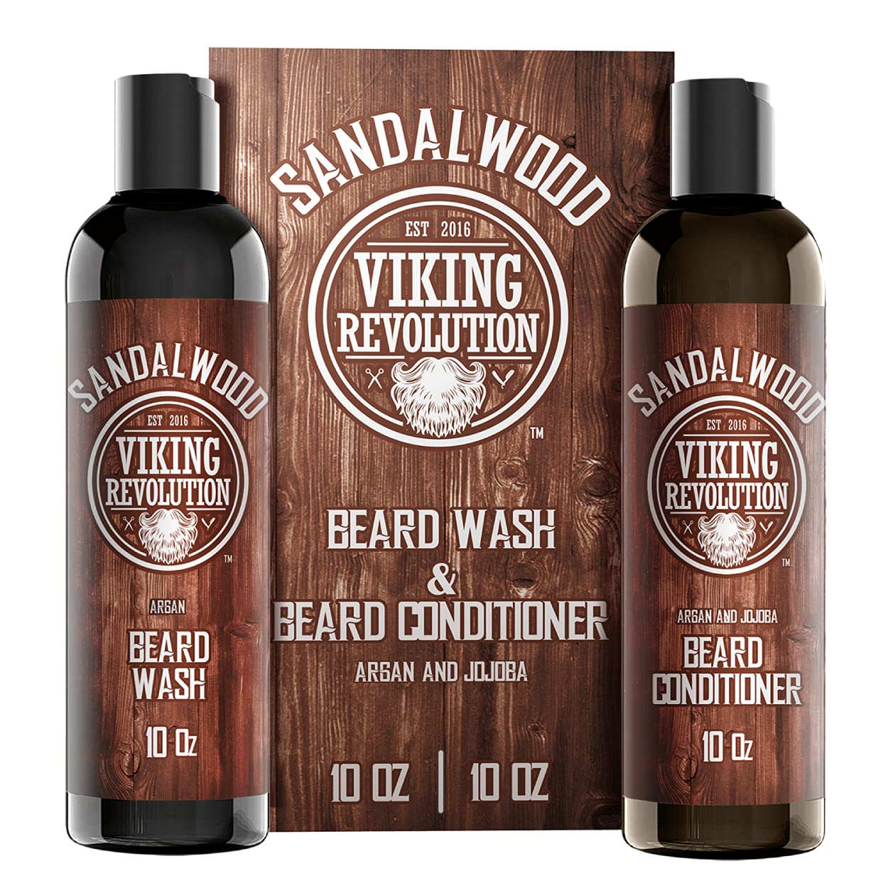 Beard Wash & Beard Conditioner Set w/Argan & Jojoba Oils - Softens & Strengthens - Natural Sandalwood Scent - Beard Shampoo w/Beard Oil (10oz)