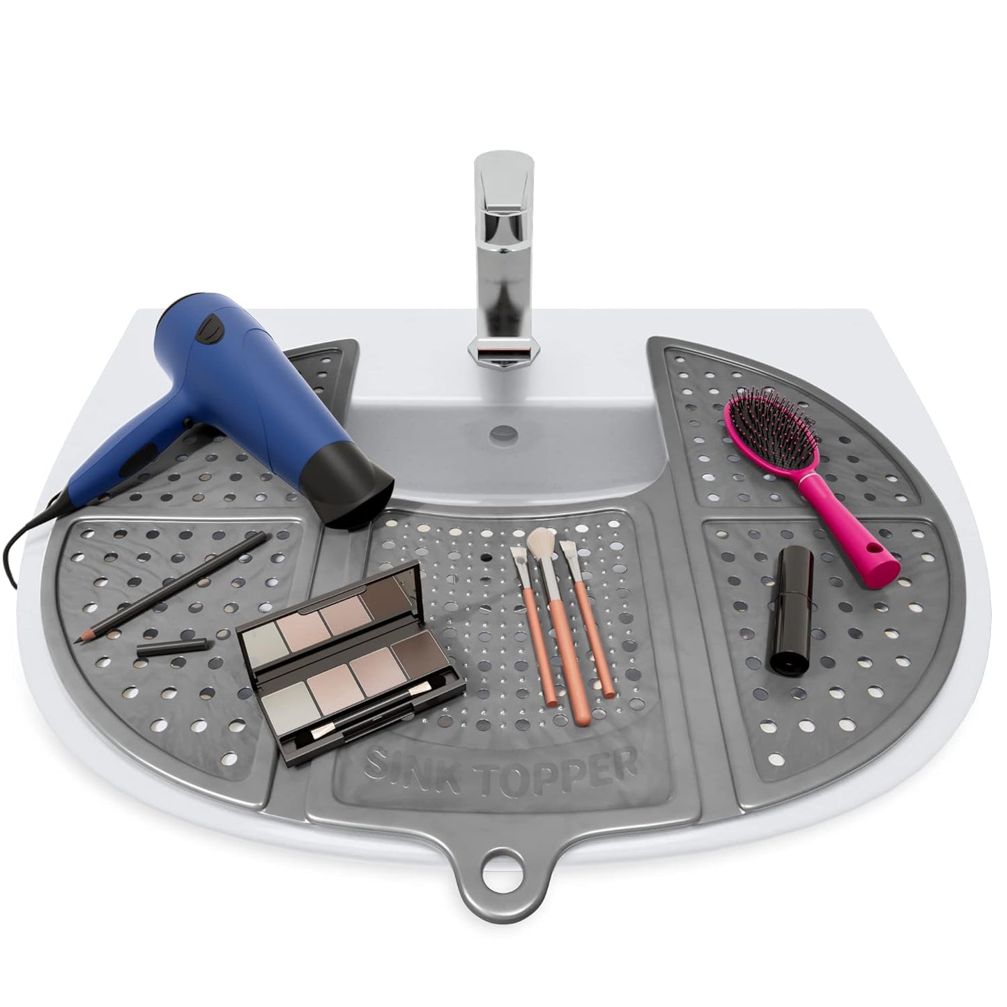 Sink Topper Foldable Sink Cover - Silicone Beauty Makeup Brush Cleaning Mat - Vanity Tools Organizer - Bathroom Must Have Accessory for Extra Space & Storage Saver - Cleaner Pad - Small, Silver