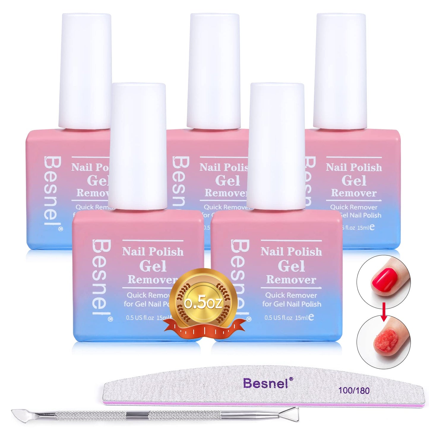 Besnel Gel Nail Polish Remover 5 Pack Professional Gel Polish Remover Non-Irritating Quick Easy,Nail Polish Gel Remover Tools Kit Nail File Cuticle Pusher Nail File Grit, Gel Polish Remover No Hurt Nails No Need For Foil Soaking Or Wrapping