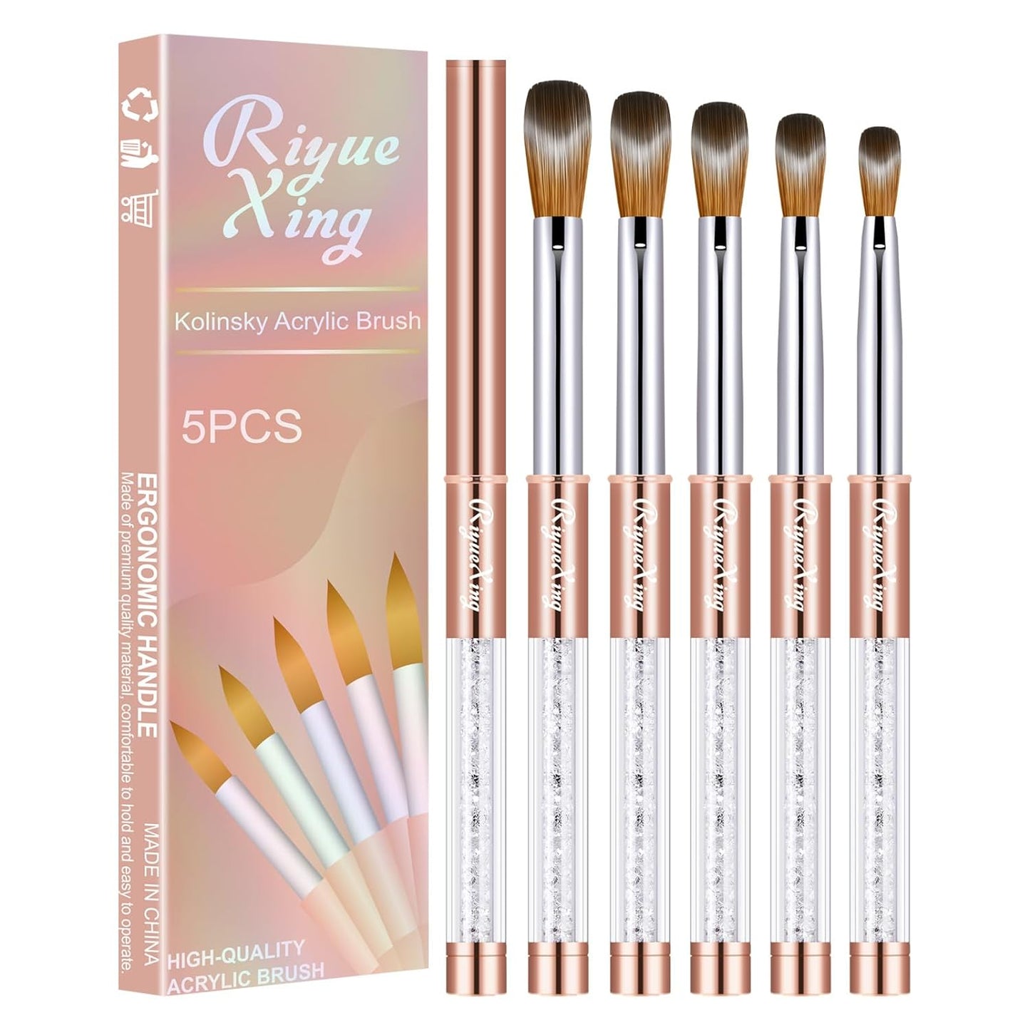 5PCS Acrylic Nail Brush Set, Size 6/8/12/14/16. Kolinsky Hair,Oval Crimped Pressed Shaped Acrylic Nail Brushes,Golden Metal Handle Acrylic Powder Brush Set Professional Manicure For DIY Home Salon