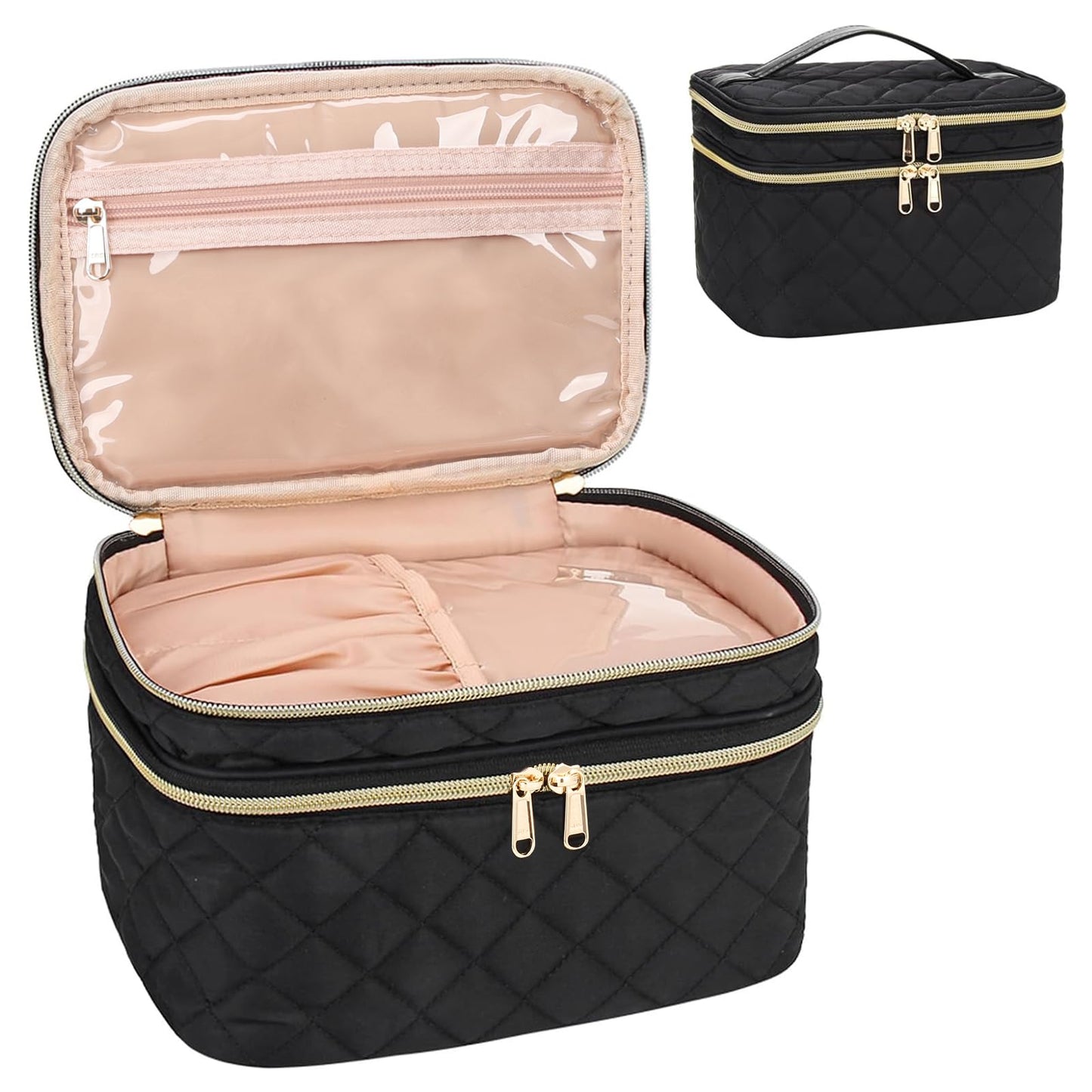 Relavel Makeup Bag, Double Layer Makeup Bag Organizer, Travel Makeup Bag Cosmetic Bag for Women, Makeup Brush Holder Organizer Storage, Portable Makeup Carrying Case, Black