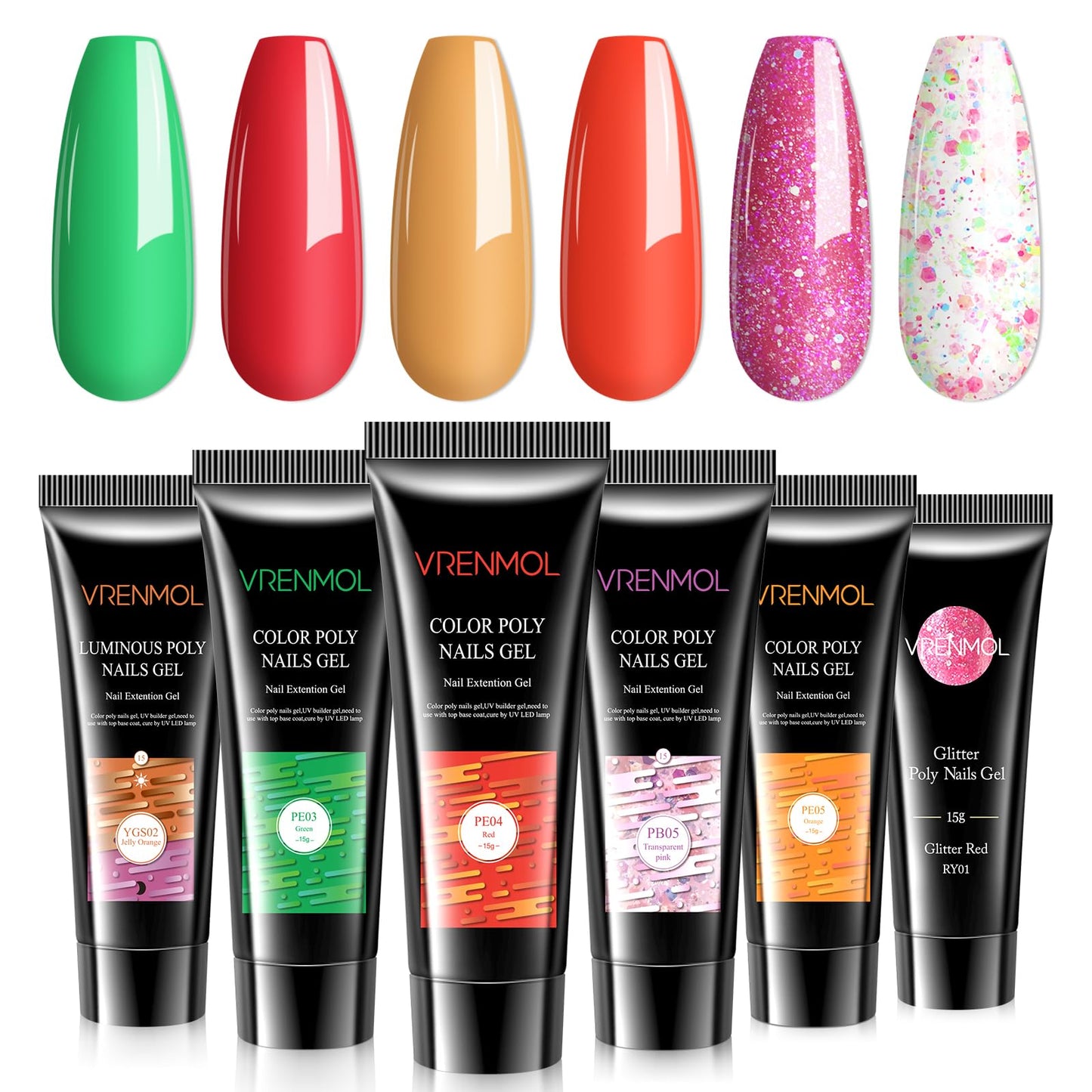 VRENMOL Poly Gel Set: 6 Colors Spring Summer Green Red Golden Poly Gel Nails Extension Glitter Sequins Poly Nail Gel French Manicure Nail Art Kit Lovers Women Home Nail Salon Festival Holiday Gift