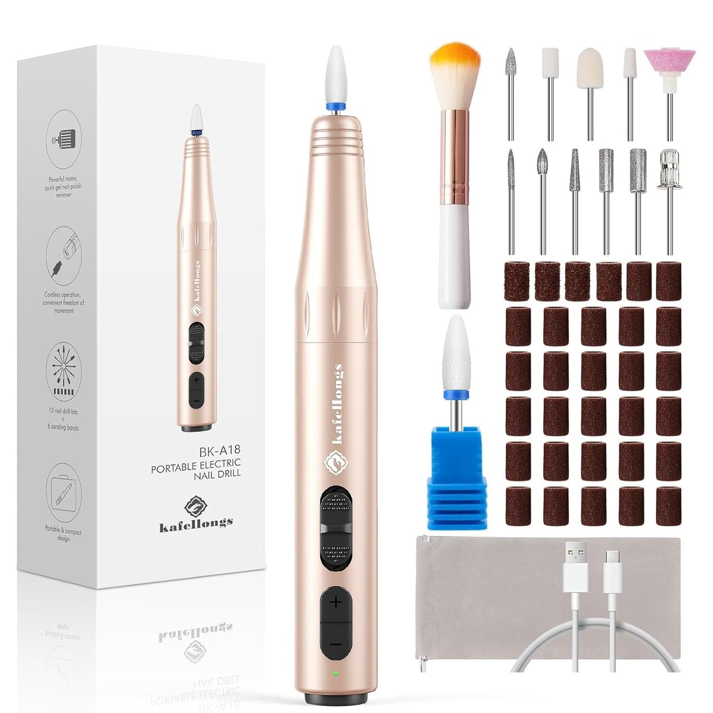 Cordless Electric Nail Drill Electric Nail File and buffers Gel Nail Polish Women Professional Manicure Machine, Acrylic Nail kit Gel dip Powder Nail kit Nail Tips Gold