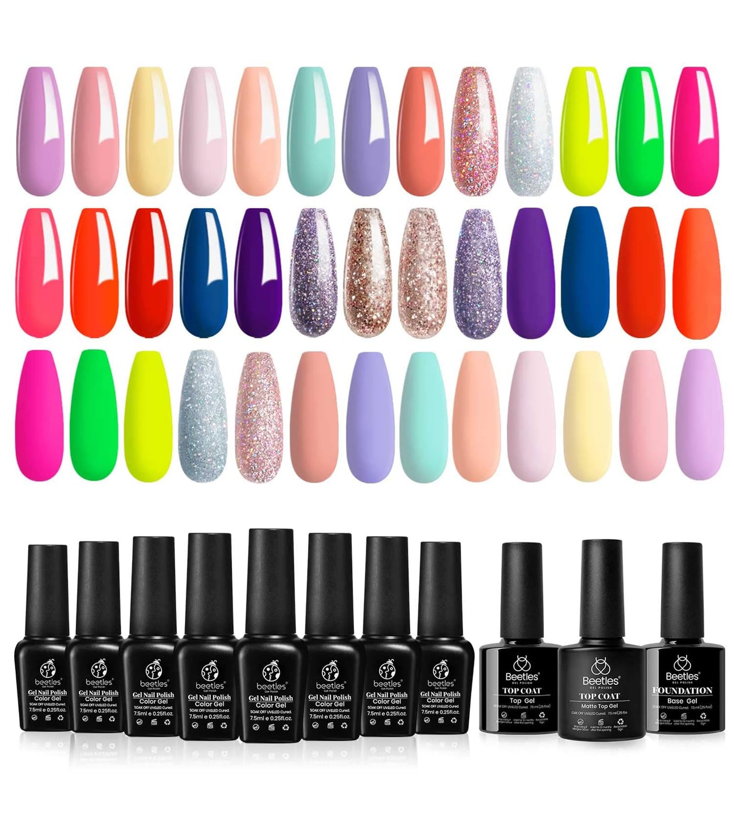 beetles Gel Polish Nail Set 23PCS Collection Pastel Yellow Blue Pink Neon Red Glitter Purple UV Nail Polish Manicure Kit for Women with Base Matte and Glossy Top Coat