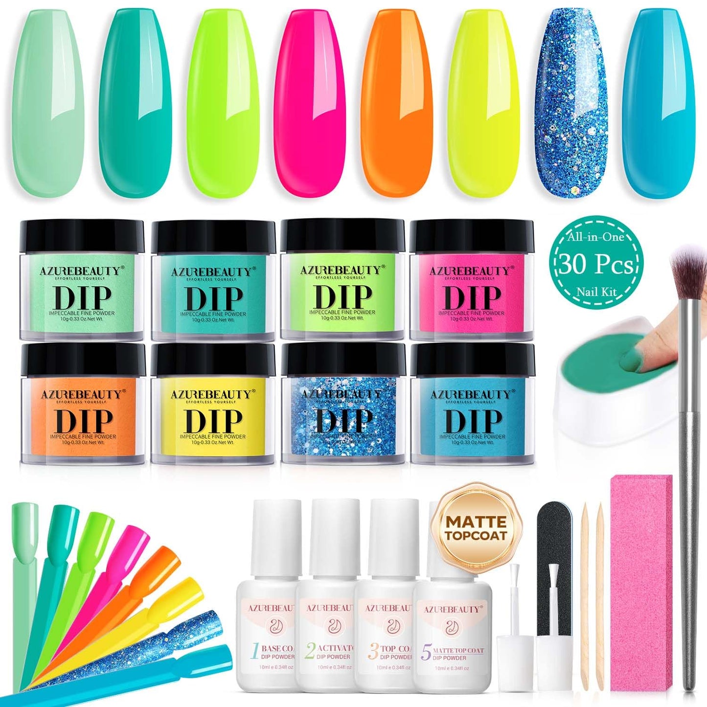 AZUREBEAUTY Dip Nails Powder Starter Kit, Hot Pink Neon Yellow Pastel Blue Green 8 Spring Summer Colors with Nail Swatch Sticks, Base Glossy/Matte Top Coat Activator Liquid Set Manicure Art 30 PCS