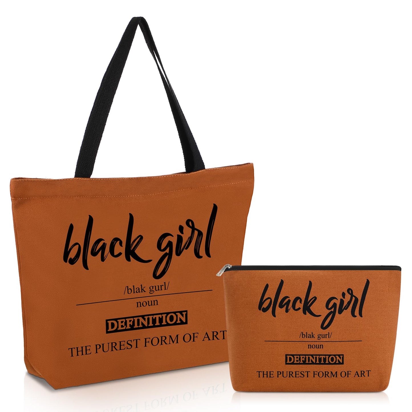 Coume 2 Pcs Valentine's Day Black Girl Definition Canvas Tote Bags Juneteenth Day Gift Brown Makeup Bag Set the Purest Form of Art Blk with Zipper Travel Trip Toiletry Bags for Women Shopping School