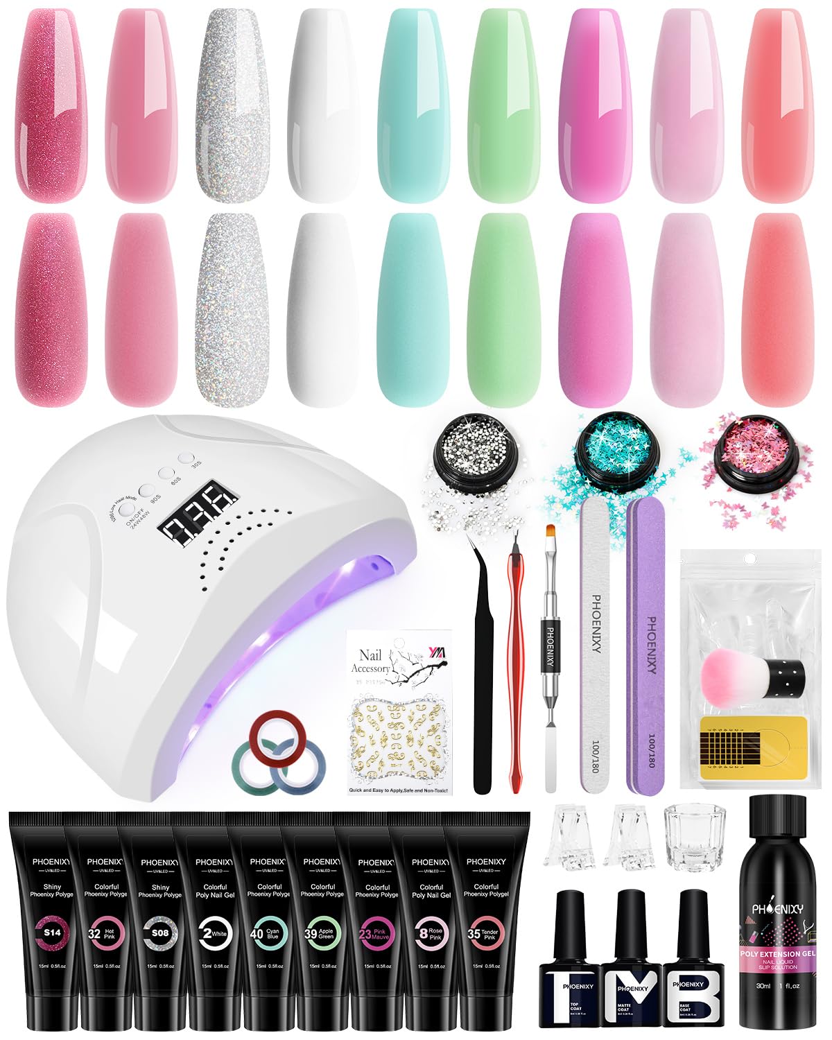 Phoenixy Poly Nail Gel Kit, 9 Colors Gel Nail Kit with 48W LED U V Nail Lamp Slip Solution Manicure Tools Red Pink Blue Green White Glitter Nail Extension Kit Starter Kit Gifts for Women