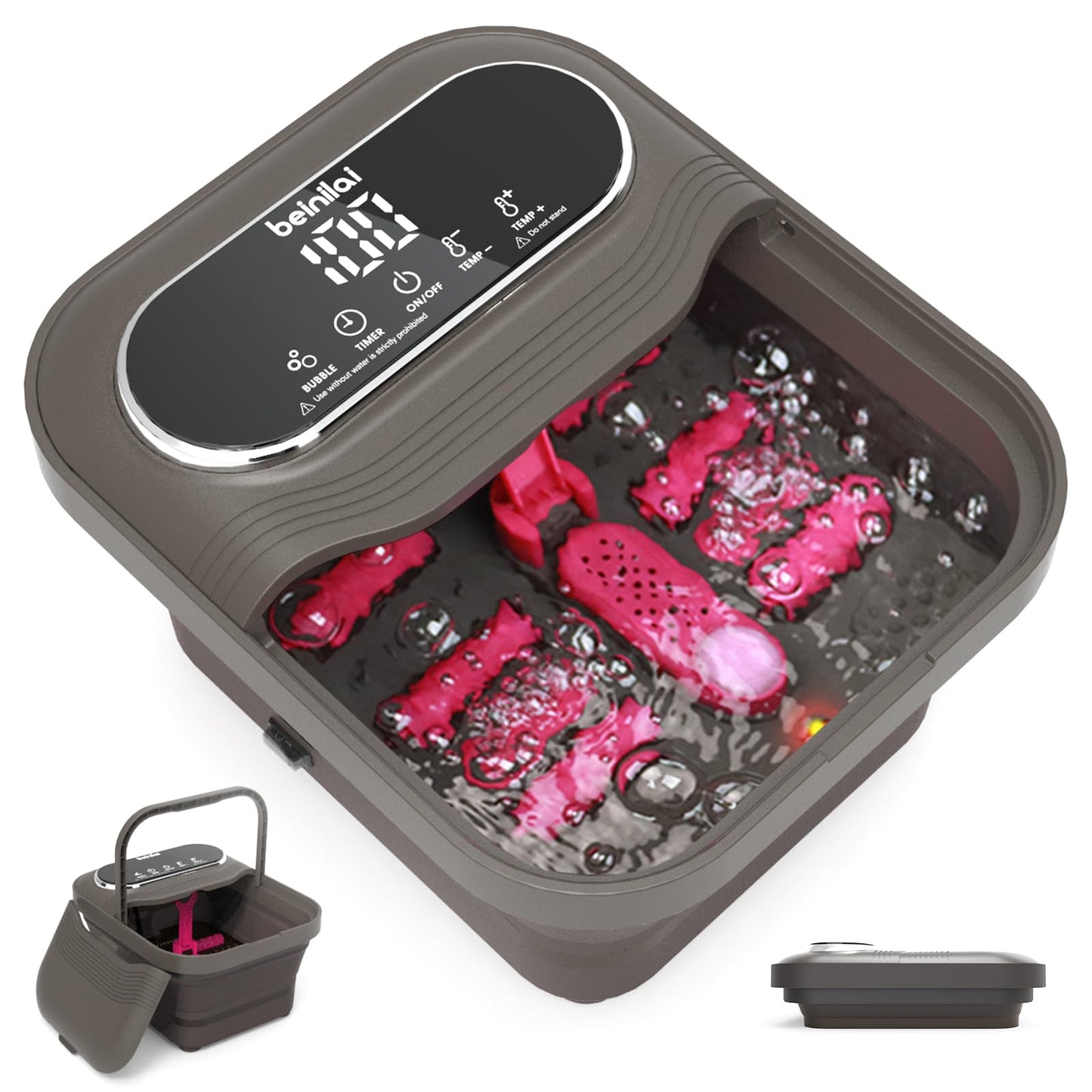Beinilai Collapsible Foot Spa with Heat, Bubble and Temperature Control, Foot Bath Massager with Shiatsu Massage Roller and Touch Screen, Foot Soak Tub, Pedicure Foot spa for Relaxation (Dark Grey)