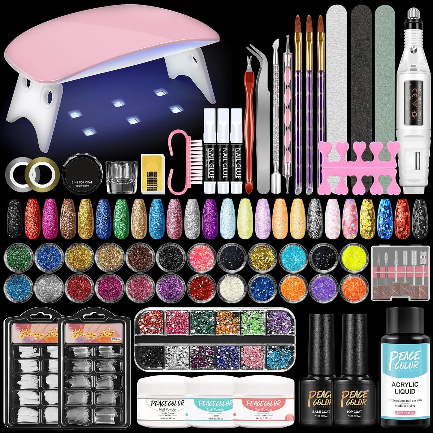 Acrylic Nail Kit for Beginners with Everything Professional Nail Kit Acrylic Set with Drill and U V Light Acrylic Powders and Liquid 24Pcs Decoration Powders Glitter Nail Rhinestones Gifts for Women