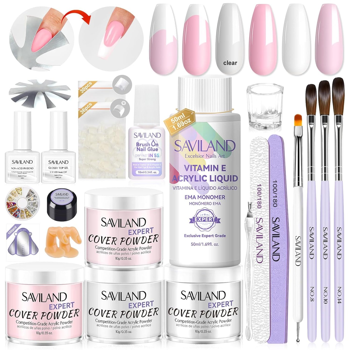 Saviland French Acrylic Nail Kit: Beginner Nail Kit Acrylic Set Easy to Use Acrylic Powder and Liquid Set with Half Cover Nail Tips Acrylic Nail Brushes Nail Tools for DIY French Manucure Kit