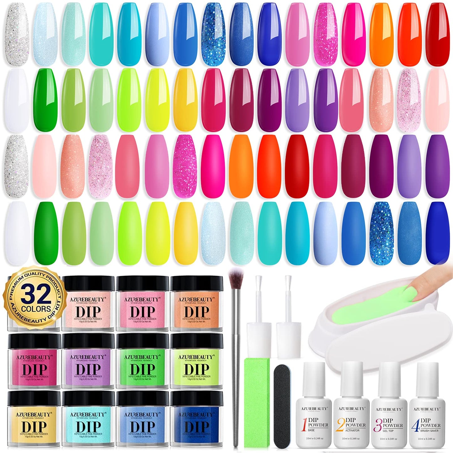 42 Pcs Dip Powder Nail Kit, AZUREBEAUTY Spring Summer Bright Pastel Neon Color Dip Nails Powder Starter Kit, Pink Yellow Purple Mint Green Color Dip System with Essential Liquid and Dip Recycling Tray for Nail Maniure Mothers Day Gift