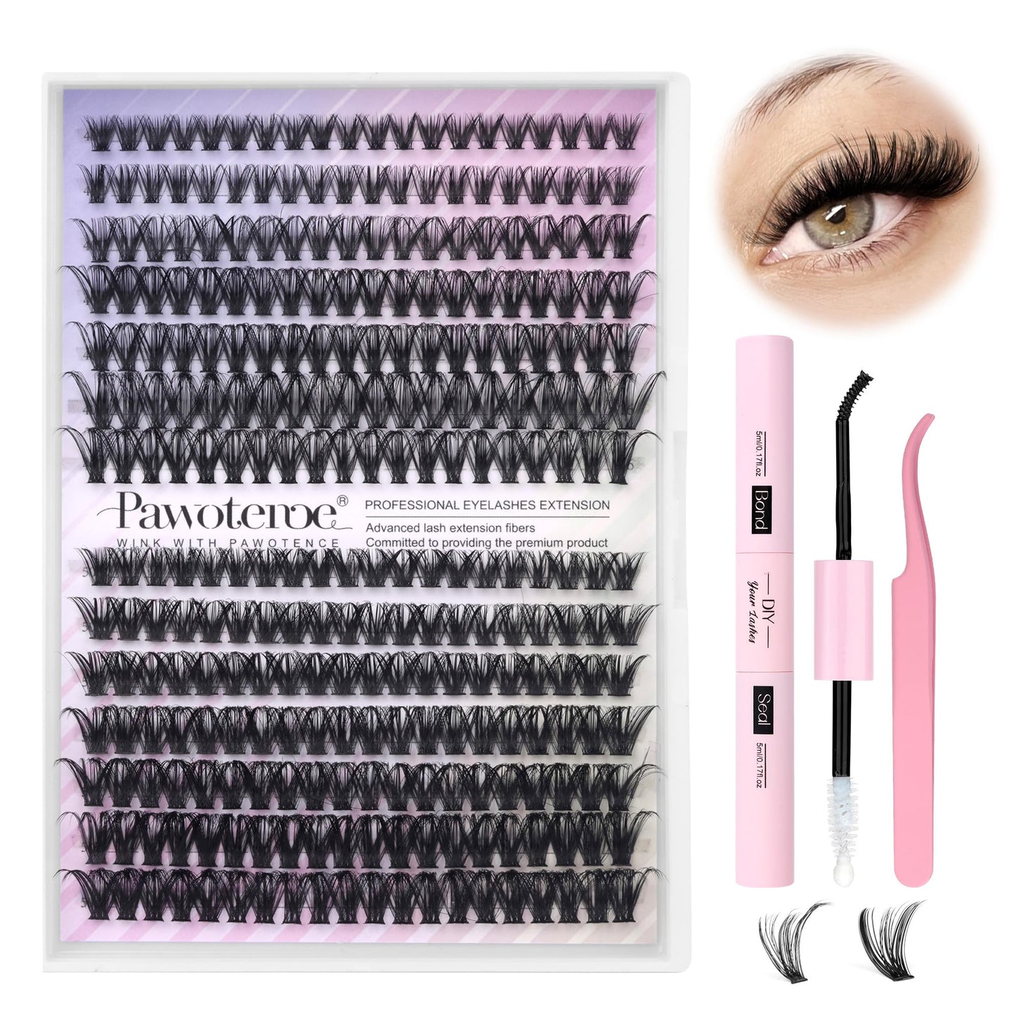 Pawotence DIY Lash Extension Kit Individual Lash Clusters Kit 40D 50D Curl Eyelash Extension Kit 8-16mm Eyelash Clusters with Lash Bond and Seal Lash Tweezers for Beginners (40D50D-0.07D-8-16MIX KIT)