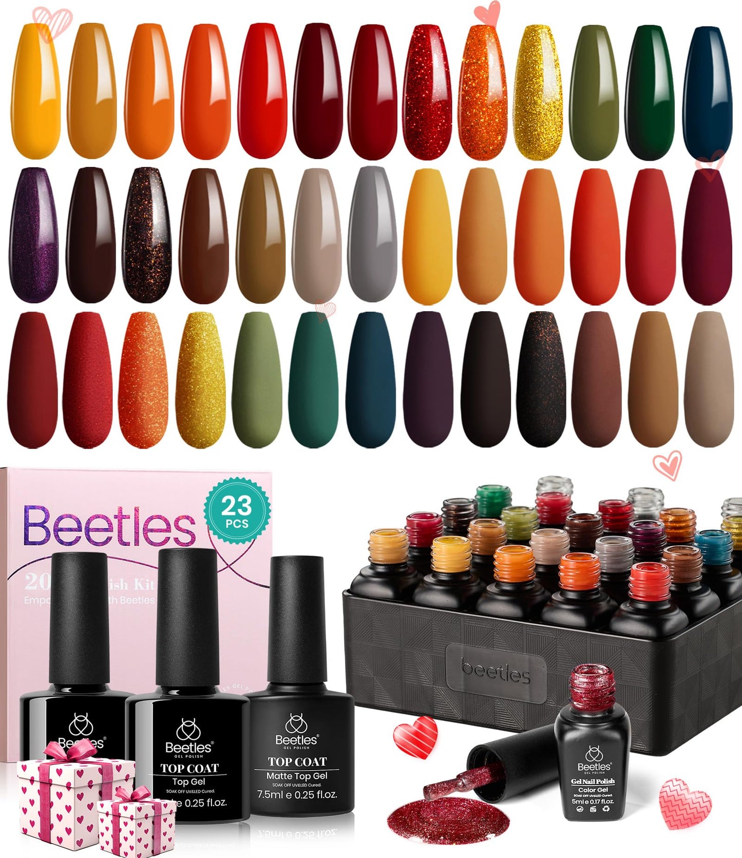 beetles Gel Polish Nail Set 20 Colors Cozy Campfire Collection Orange Yellow Green Brown Gel Polish Set Soak Off Uv Lamp Need Base Glossy & Matte Top Coat Manicure Kit for Girls Women Gift