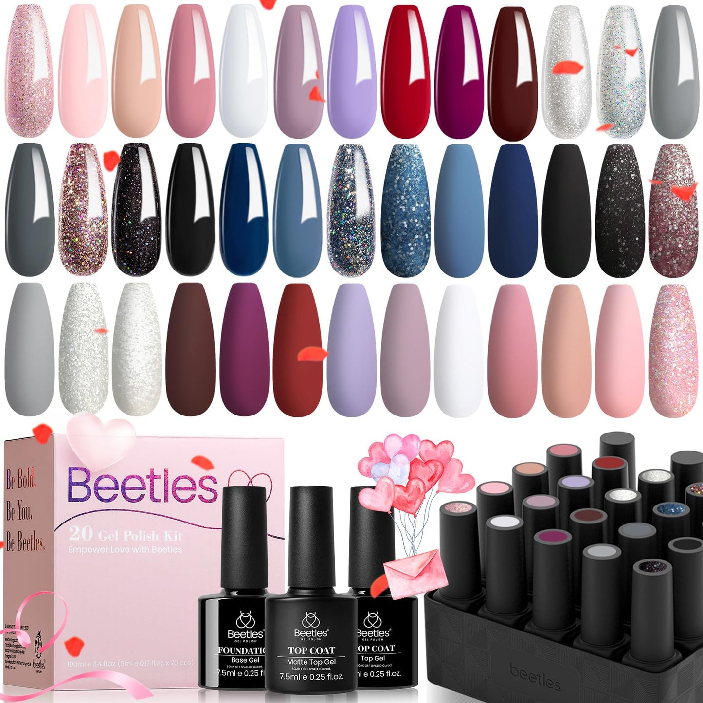 Beetles 23Pcs Gel Nail Polish Set with 3Pcs Base Matte and Glossy Top Coat,Nude Gray Pink Blue Glitter Gel Polish Kit Modern Muse Collection,Soak off Uv Gel for Girls Women