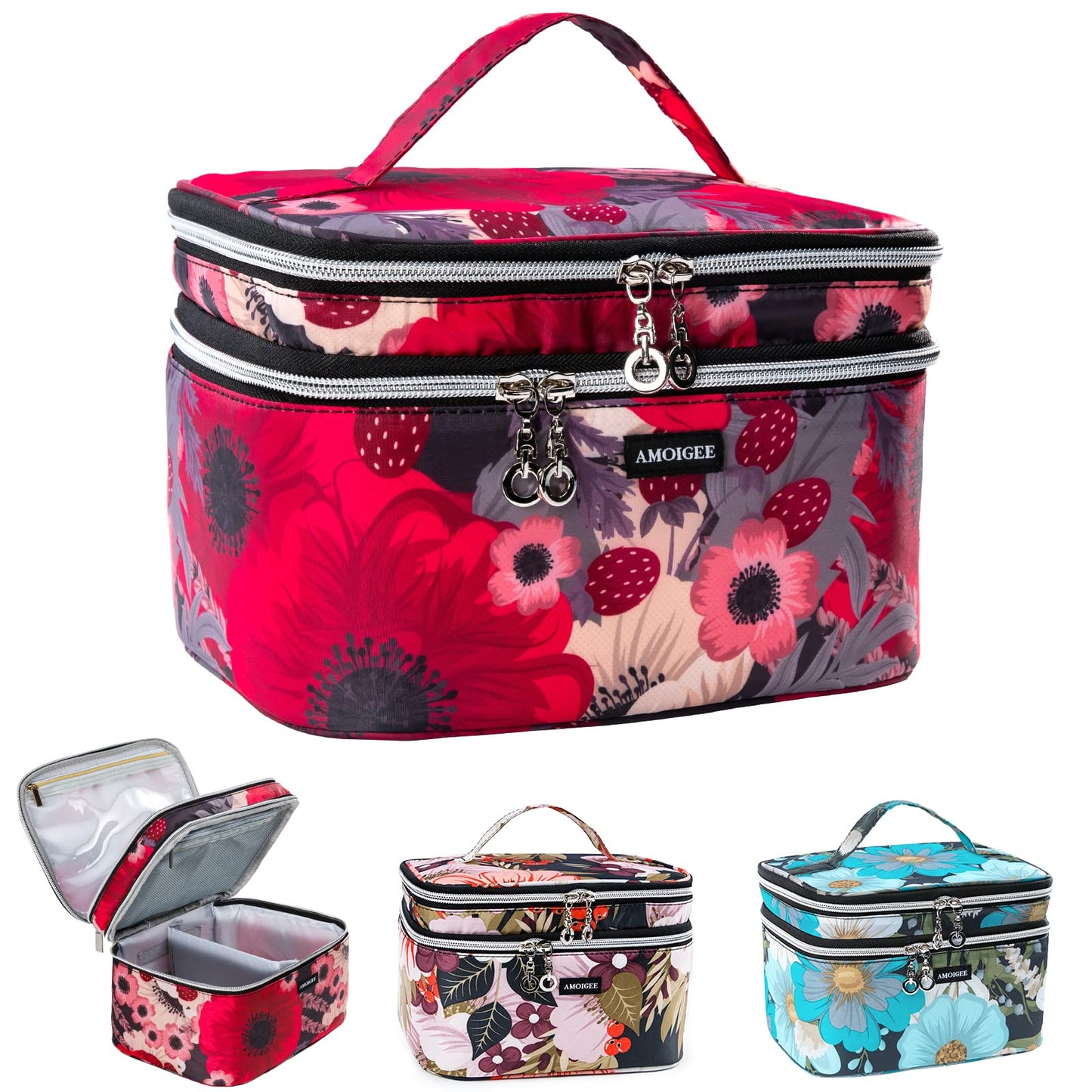 AMOIGEE Travel Makeup Bag Organizer, Double Layer Train Case Makeup Bag, Toiletry Bag for Makeup Brushes, Full Size Bottles, Palettes Sponge, Cosmetic Organizer