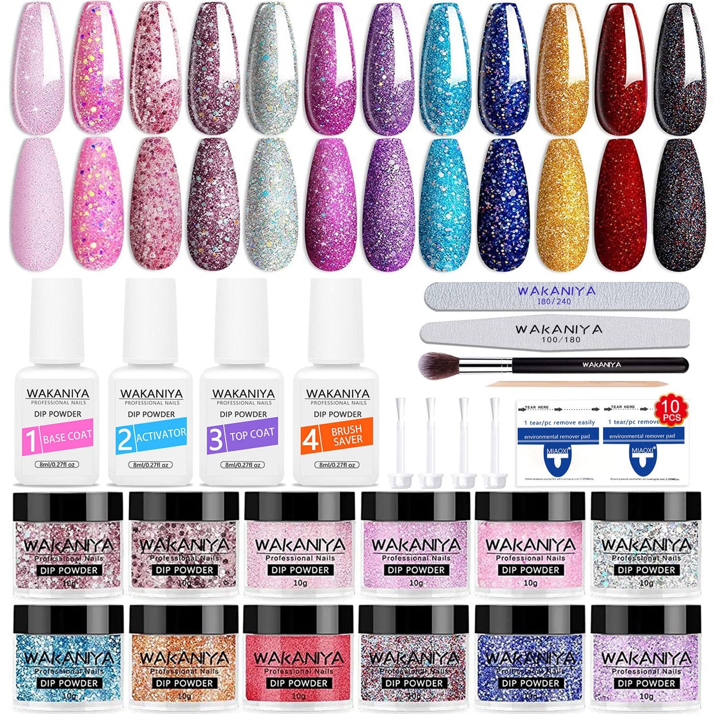 wakaniya 33 PCS Nail Powder Dip Kit - 12 Glitter Colors Purple Pink Dipping Powder with Dip Liquids Set Base Top Coat Activator Fast Dry Dip Powder Kit for Salon and Home DIY