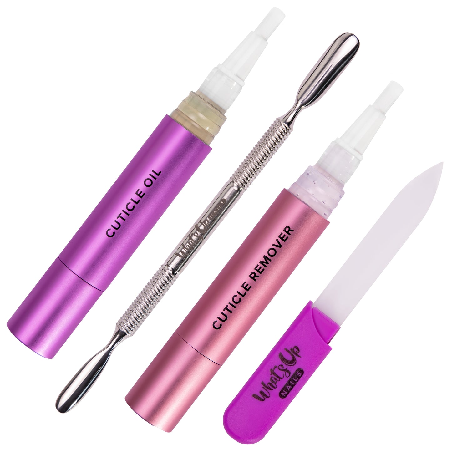 Whats Up Nails - Nail Care Starter Kit (Cuticle Remover, Oil, Pusher & Glass File)