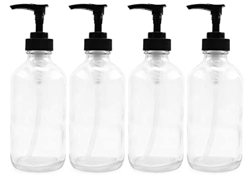 Cornucopia Brands 8oz Clear Glass Pump Bottles (4-Pack w/Black Plastic Pumps), Great as Essential Oil Bottles, Lotion Bottles, Soap Dispensers, and More