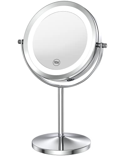 Benbilry Lighted Makeup Mirror with Lights and Magnification 10X/1X, Double Sided 360° Swivel 7" LED Dimmable Vanity Mirror with Touch Control Switch, Battery Operated Cordless Standing Shaving Mirror