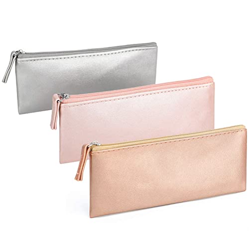 SumDirect PU Leather Cosmetic Pencil Bags - Small Soft Makeup Pouch with Zipper, Simple Comestic Organizer, Pink, Gold, Silver