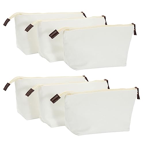 6 Pack Canvas Makeup Bags with Zipper for Cosmetics, Toiletries, DIY Crafts (White, 11.75 x 5.5)