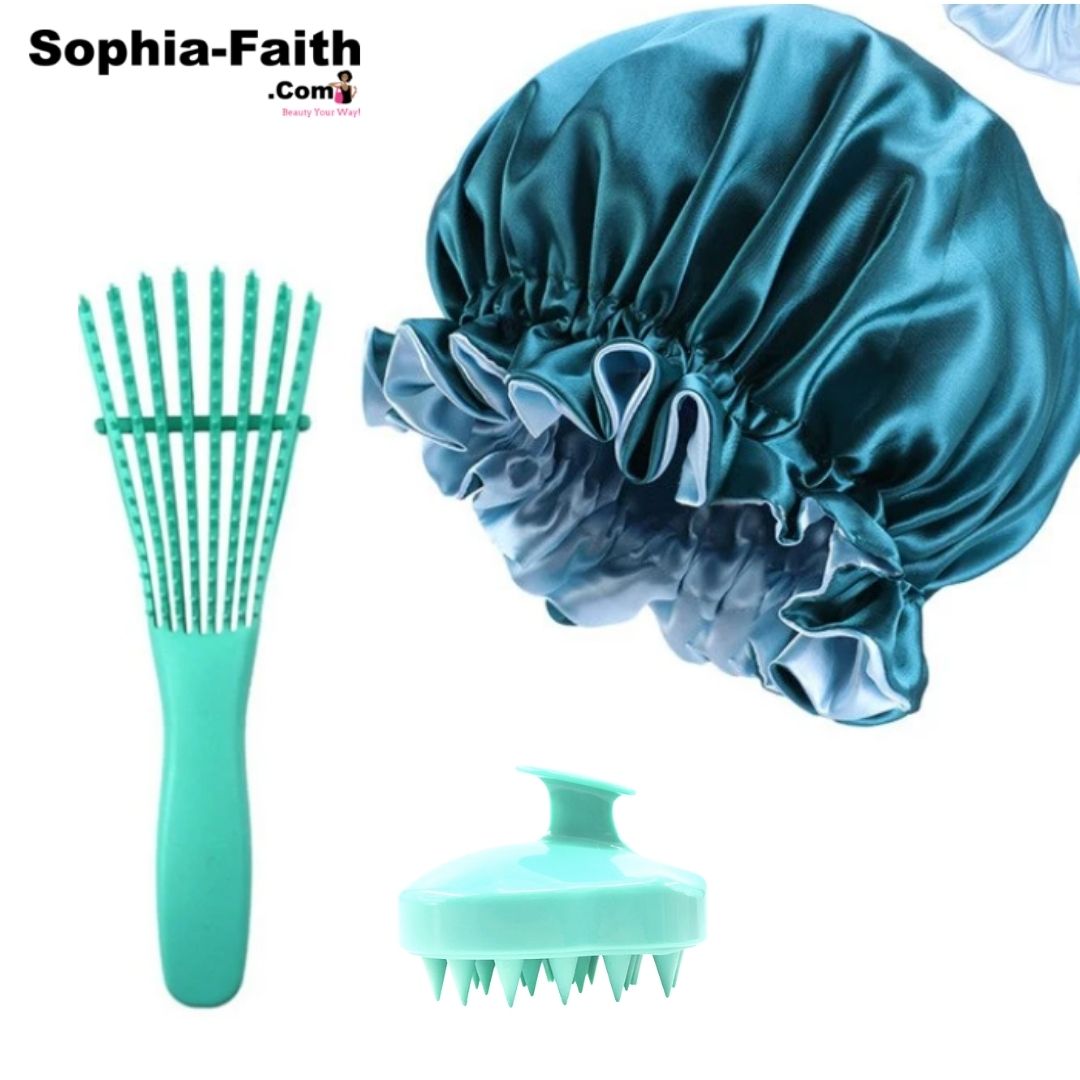 Reversible Satin Bonnet and Dandruff Removal Silk-Brush with Afro Detangler Gift Set