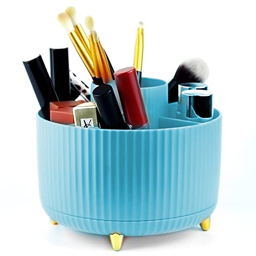 DIFENLUN Makeup Brush Holder Organizer, Large Capacity 360° Rotating Make up Brushes Cup, 5 Slot Pencil Pen Holder Cup Desk Storage Container for Cosmetics Eyeliner or on the Vanity(Blue)