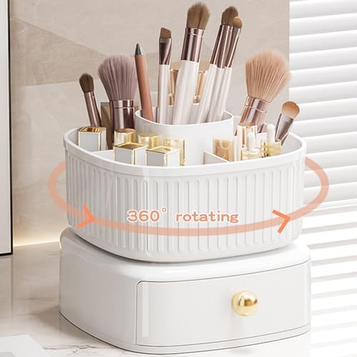 360° Rotating Makeup Brush Holder with Drawer, Makeup Organizer Countertop, Makeup organization Skincare Storage for Vanity Desktop Bathroom (White)