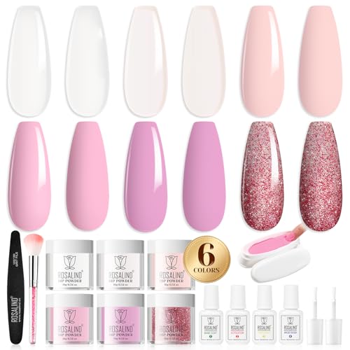 ROSALIND 13PCS Dip Powder Nail Starter Kit, 6 Colors Dip Powder Nail Kit Multi-Color Series Nail Dip Powder Colors Set with Base & Top Coat, Brush Restorer and Activator Air Drying