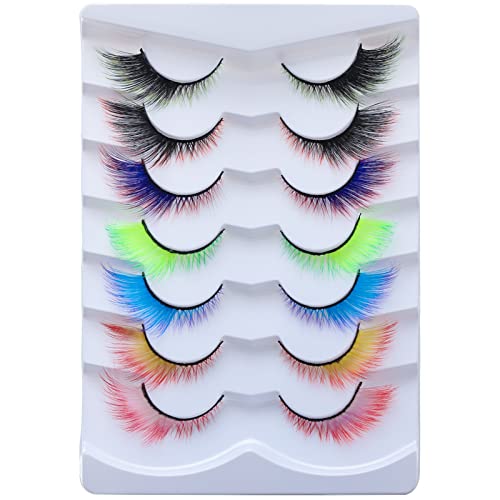 outopen 7 Pairs False Lashes with Color Angel Colored Lashes Fluffy Wispy Winged Eyelashes Halloween Cosplay Makeup Colorful Eye Lash Like Extensions